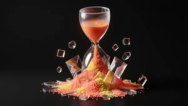 Abstract glass hourglass with shattered lower chamber and coral-amber light spilling out — EU AI Act compliance countdown